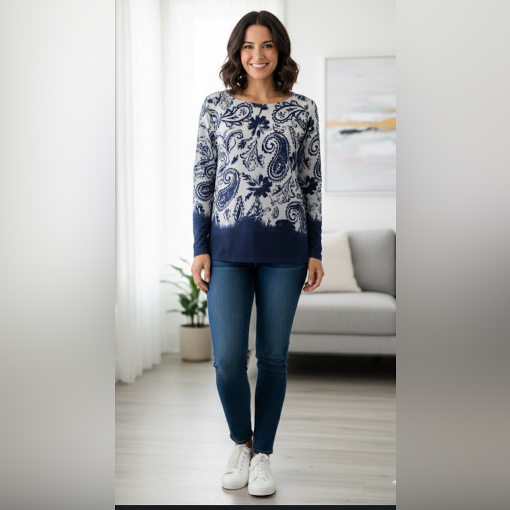 Coldwater Creek Navy and White Paisley Blouse